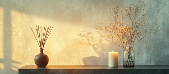 Poster - Tranquil ikebana style floral arrangement with candle and diffuser on modern table creating a serene ambiance against softly lit wall