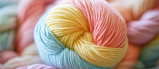 Wall Mural - Colorful pastel yarn ball in warm hues highlighting cozy texture ideal for knitting and various crafting projects