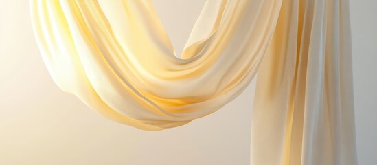 Poster - Elegant light yellow translucent curtain draped beautifully against a soft white background enhancing home decor aesthetics