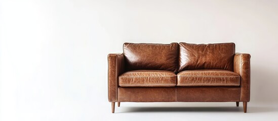 Poster - Stylish brown leather sofa in a minimalist studio with a bright white backdrop showcasing contemporary interior design elements