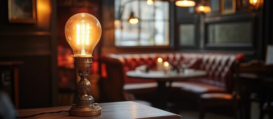Poster - Cozy restaurant interior featuring an elegant vintage light lamp enhancing ambiance and inviting warmth in a charming setting.