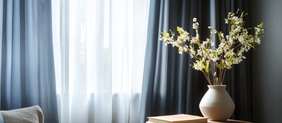 Poster - Elegant modern curtains paired with a stylish vase of flowers enhancing contemporary home decor and light atmosphere in a cozy interior setting
