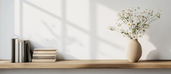 Poster - Modern minimalist living room shelf with flowers and books showcasing elegant home decor style and contemporary interior design inspiration.