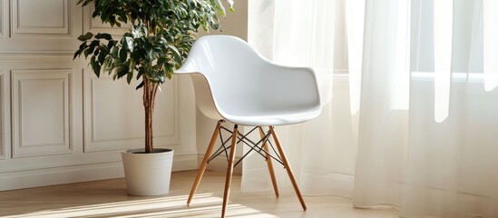 Aufkleber - Stylish white chair with wooden legs placed near a sunlit window enhancing modern interior design aesthetics