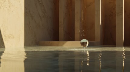 Poster - Elegant water drop creating ripples in a serene, minimalistic indoor setting with soft light reflections on the surface.