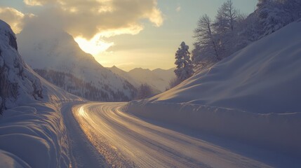 Poster - Winter landscape along the serene Falzarego Pass showcasing snow-covered mountains and a winding road under a beautiful sunset.