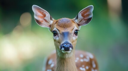 Poster - Fallow deer close-up portrait in natural park with blurred green background showcasing its distinct features and peaceful demeanor.