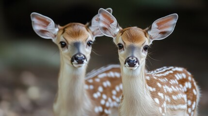 Poster - Young Fallow Deer Portraits in Natural Habitat with Soft Focus Background on a Sunny Day