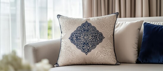 Poster - Luxurious patterned pillow enhancing contemporary living room decor with a cozy and elegant ambiance in soft natural lighting