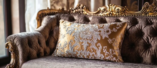 Poster - Elegant luxury pillow on a vintage style sofa in a cozy living room with warm light highlighting sophisticated home decor details