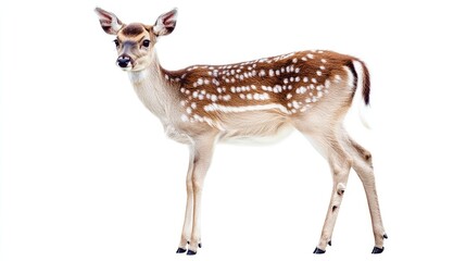 Poster - Young Fallow Deer Standing Gracefully in Profile with Distinctive Spots Against a White Background