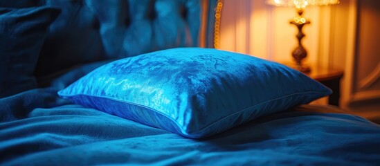 Poster - Luxury blue pillow on plush bed illuminated by warm ambient lamp light creating a serene home decor atmosphere for inspiration and relaxation