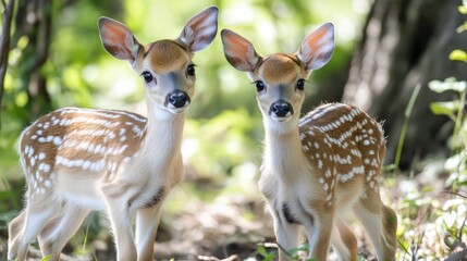 Poster - Fallow deer fawns in a serene natural park setting surrounded by greenery and soft sunlight creating a peaceful atmosphere