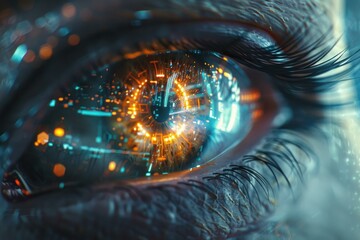 Poster - Futuristic human eye reflecting an augmented reality hud interface