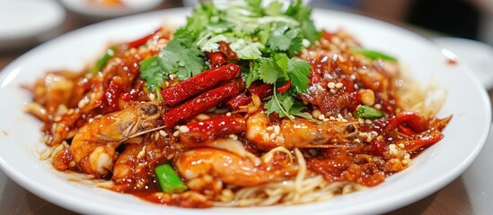 Poster - Delicious spicy noodle dish garnished with fresh herbs and shrimp served on a white plate in a vibrant culinary presentation