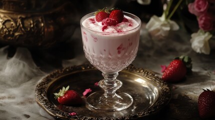 Poster - Delicious Strawberry Falooda in Elegant Glass Garnished with Fresh Berries on Decorative Plate