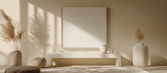 Poster - Minimalist office interior featuring an empty frame and chic decor, fostering creativity in a bright beige workspace ambiance