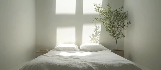 Poster - Minimalist white bedroom with ceiling window allowing natural light creating a peaceful and serene atmosphere for relaxation and comfort