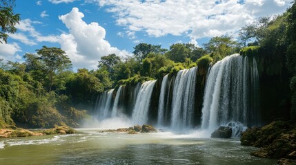 Aufkleber - Majestic waterfall at a popular tourist destination under clear blue skies and vibrant greenery