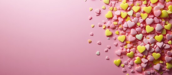 Poster - Colorful heart-shaped candy confetti scattered on a soft pink background with ample copy space for seasonal decorations or promotions