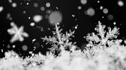 Aufkleber - Blurry snowflakes falling gently on a dark background creating a serene winter atmosphere in monochrome tones.
