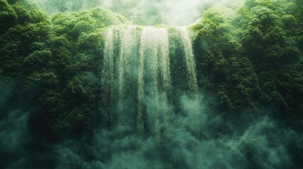 Aufkleber - Majestic waterfall cascading through lush greenery with mist in the air creating a serene and vibrant natural landscape scene