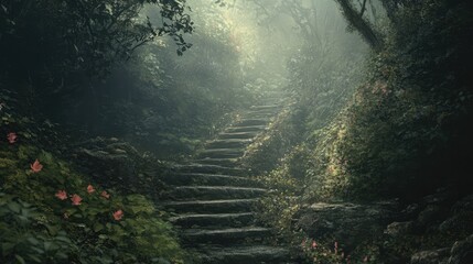 Poster - Enchanting forest pathway with moss-covered stone steps illuminated by soft sunlight through dense foliage in a serene natural setting.