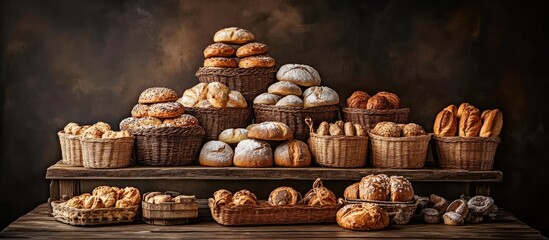 Poster - Festive bakery display featuring pyramid of freshly baked goods in woven baskets on wooden table with dark background
