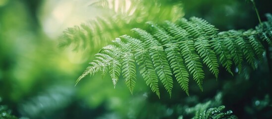 Poster - Lush green ferns flourishing in a serene forest environment with soft natural light filtering through the trees
