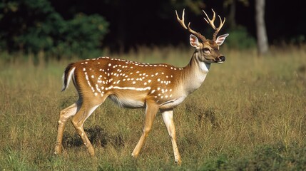 Poster - Fallow deer buck gracefully walking through a vibrant meadow in a serene forest landscape