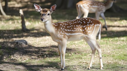 Poster - Fallow deer buck standing gracefully in a serene park setting showcasing its distinctive spotted coat and natural habitat.
