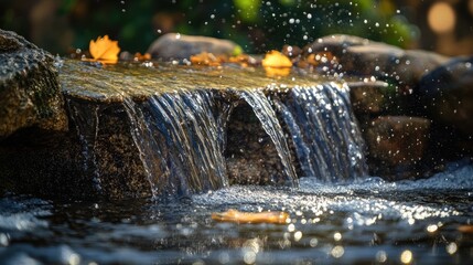 Aufkleber - Gentle water cascading over rocks with autumn leaves creating a serene and tranquil natural scene in soft sunlight