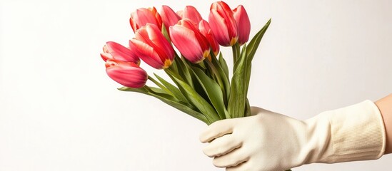 Aufkleber - Female hand in housework gloves presenting fresh pink tulips against a clean white background highlighting beauty and domesticity.