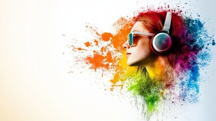 Poster - A colorful retro image featuring a person with headphones and sunglasses set against an abstract, dynamic background.