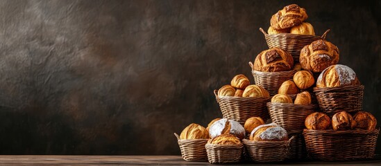 Poster - Festive display of freshly baked goods in woven baskets stacked on a wooden table with a dark background ideal for postcard backdrops.