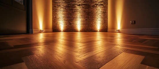 Poster - Stylish parquet floor in a contemporary room with warm lighting showcasing perfect interior design inspiration and modern aesthetics