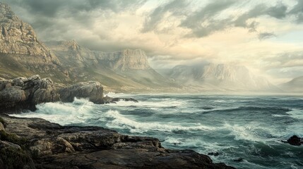 Aufkleber - Dramatic coastal landscape of False Bay with rugged cliffs waves crashing and moody skies at sunset