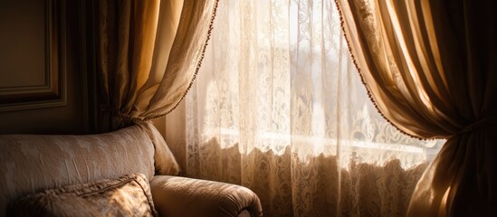 Poster - Elegant lace curtains softly draping in a cozy living room creating a warm and inviting interior atmosphere