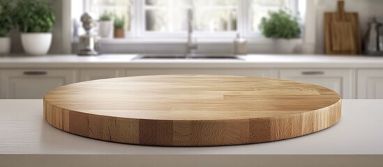 Poster - Elegant wood tabletop on a bright kitchen island ideal for product displays and culinary presentations in a clean modern interior