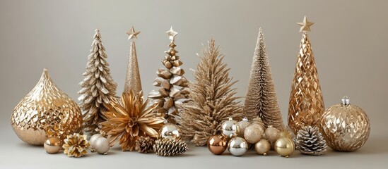 Poster - Holiday decoration accessories in gold and silver featuring festive trees ornaments and pinecones for elegant celebration themes