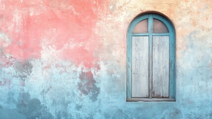 Leinwandbilder - False window illusion on a textured pastel wall showcasing architectural artistry in soft color tones and vintage charm