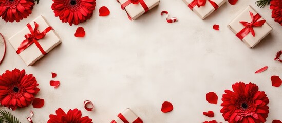 Poster - Red flower frame with gift boxes on light background creating a festive atmosphere with space for personalized text or messages