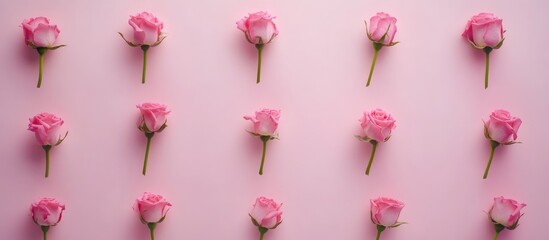 Poster - Feminine floral backdrop with pink rose flowers on a soft pink surface perfect for springtime text placement and design elements.