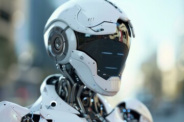Poster - Futuristic robot standing in a modern city with skyscrapers in the background