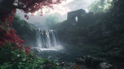 Poster - Serene Waterfall Surrounded by Lush Foliage and Ruins in a Misty Forest Landscape