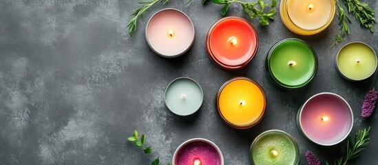 Poster - Artfully arranged colorful scented candles on a textured grey background ideal for enhancing home decor and creating a relaxing ambiance