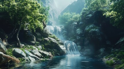 Aufkleber - Tranquil Landscape of a Serene Waterfall Cascading into a Crystal Clear Stream Surrounded by Lush Greenery and Rocky Terrain