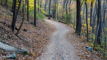 Poster - Scenic winding trail through autumn forest beside a tranquil stream showcasing vibrant foliage and natural beauty