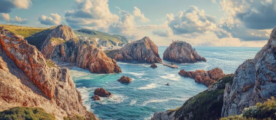 Poster - Stunning summer panorama of a rugged southwestern coastline with dramatic cliffs and vibrant ocean waves under a colorful sky