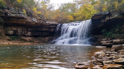 Poster - Serene waterfall cascading into tranquil pool surrounded by lush autumn foliage in natural park setting